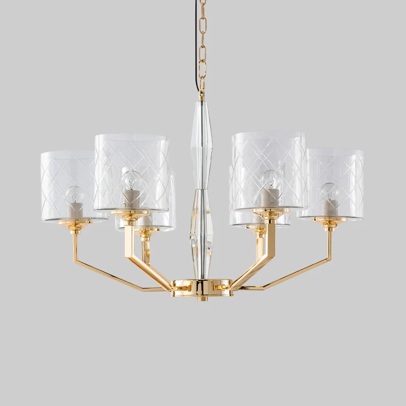 Helder rooster glazen pijler kroonluchter Mid Century 6 lichts gouden hangende hanger voor slaapkamer Clearhalo