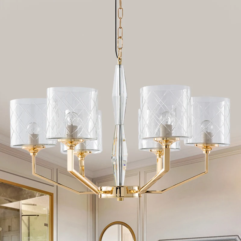 Helder rooster glazen pijler kroonluchter Mid Century 6 lichts gouden hangende hanger voor slaapkamer Clearhalo