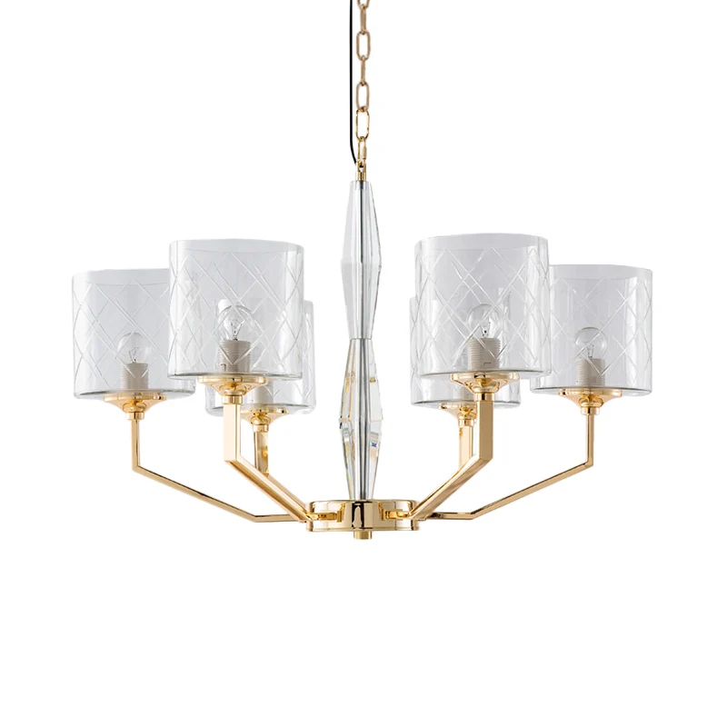 Helder rooster glazen pijler kroonluchter Mid Century 6 lichts gouden hangende hanger voor slaapkamer Clearhalo