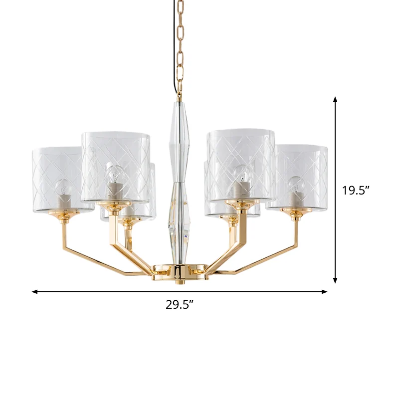 Helder rooster glazen pijler kroonluchter Mid Century 6 lichts gouden hangende hanger voor slaapkamer Clearhalo