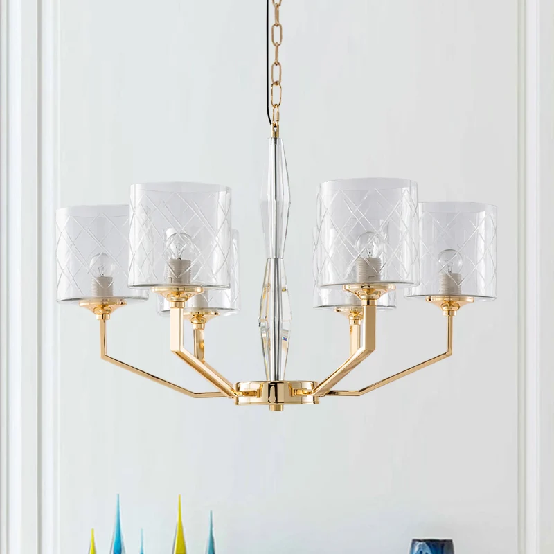 Helder rooster glazen pijler kroonluchter Mid Century 6 lichts gouden hangende hanger voor slaapkamer Clearhalo