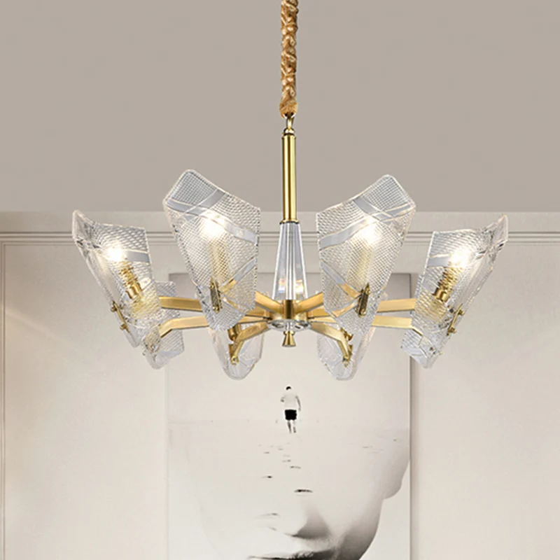Helder roosterglas schild hanglamp postmodern 6/8 hoofden messing kroonluchter verlichtingsarmatuur Clearhalo