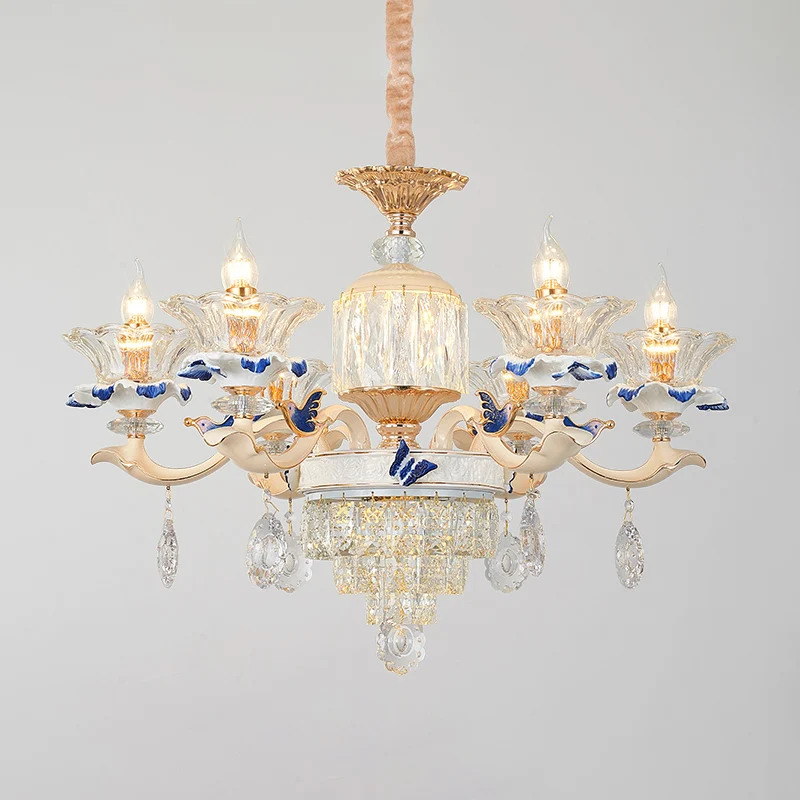 Heldere K9 kristallen bloemkroonluchter Traditionele eetkamer hangende plafondlamp met keramisch decor Clearhalo