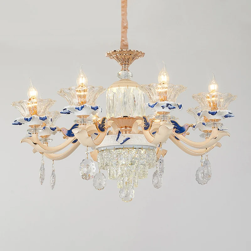 Heldere K9 kristallen bloemkroonluchter Traditionele eetkamer hangende plafondlamp met keramisch decor Clearhalo