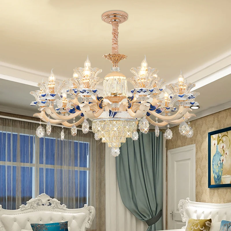 Heldere K9 kristallen bloemkroonluchter Traditionele eetkamer hangende plafondlamp met keramisch decor Clearhalo