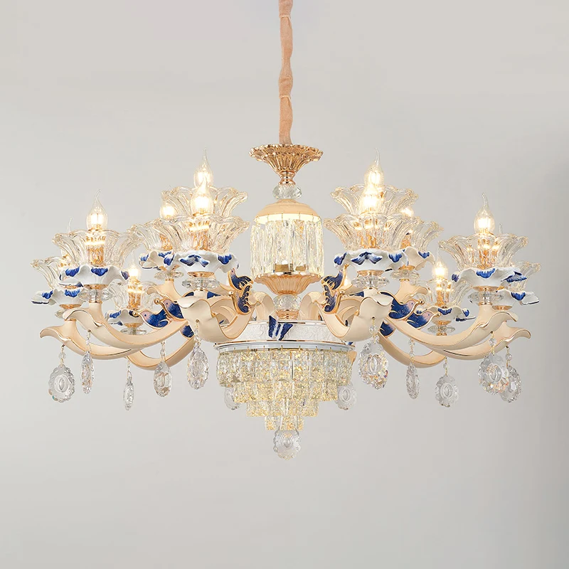 Heldere K9 kristallen bloemkroonluchter Traditionele eetkamer hangende plafondlamp met keramisch decor Clearhalo