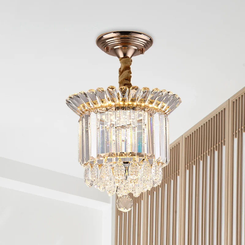 Heldere kristallen LED semi-inbouwmontage Eenvoud Gouden cilindrische galerij Dicht bij plafondlamp met druppels Clearhalo