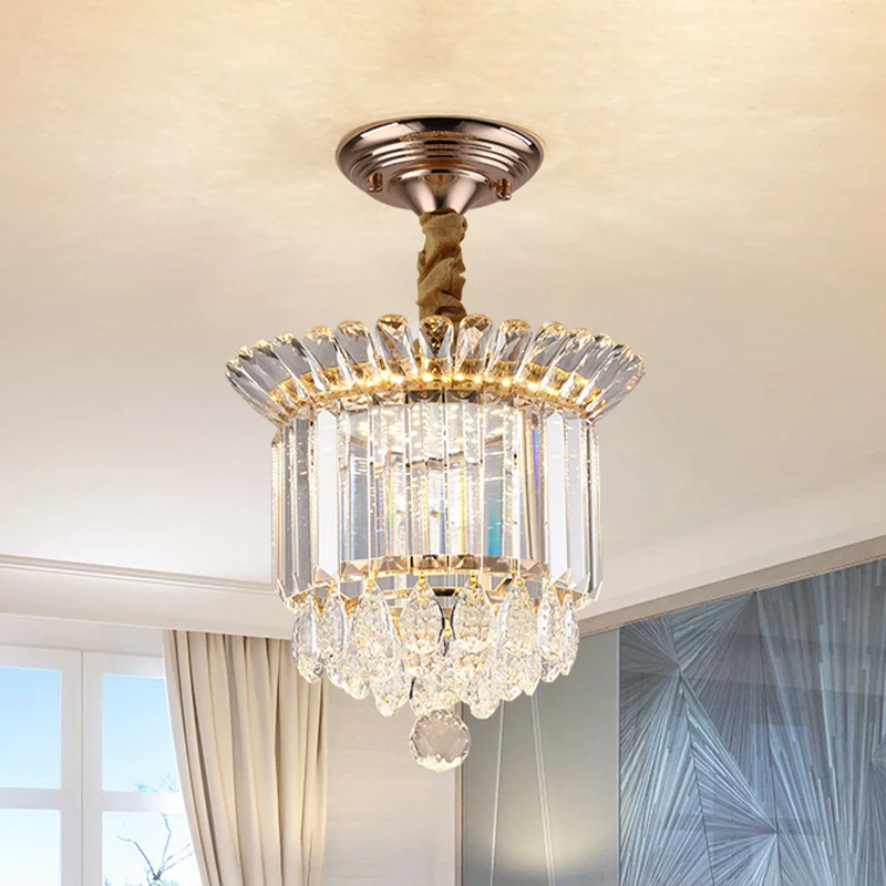Heldere kristallen LED semi-inbouwmontage Eenvoud Gouden cilindrische galerij Dicht bij plafondlamp met druppels Clearhalo