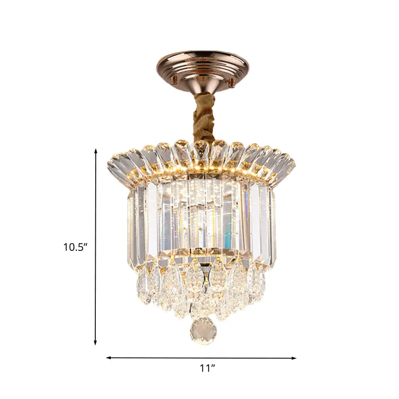 Heldere kristallen LED semi-inbouwmontage Eenvoud Gouden cilindrische galerij Dicht bij plafondlamp met druppels Clearhalo
