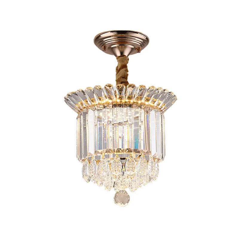 Heldere kristallen LED semi-inbouwmontage Eenvoud Gouden cilindrische galerij Dicht bij plafondlamp met druppels Clearhalo