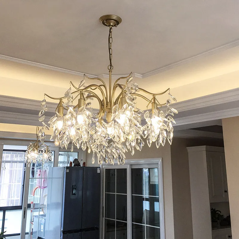 Heldere kristallen ronde hangende kroonluchter Landelijk 4/7/9 lichten Woonkamer hangend plafondlicht messing Clearhalo