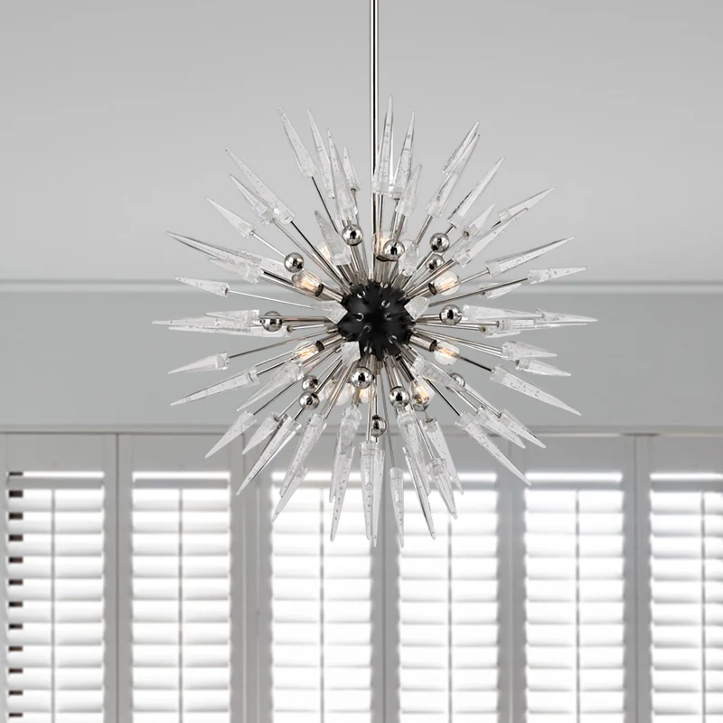 Heldere kristallen Starburst-kroonluchterverlichting Moderne 9-lichts zilveren hangende hanger voor restaurant Clearhalo
