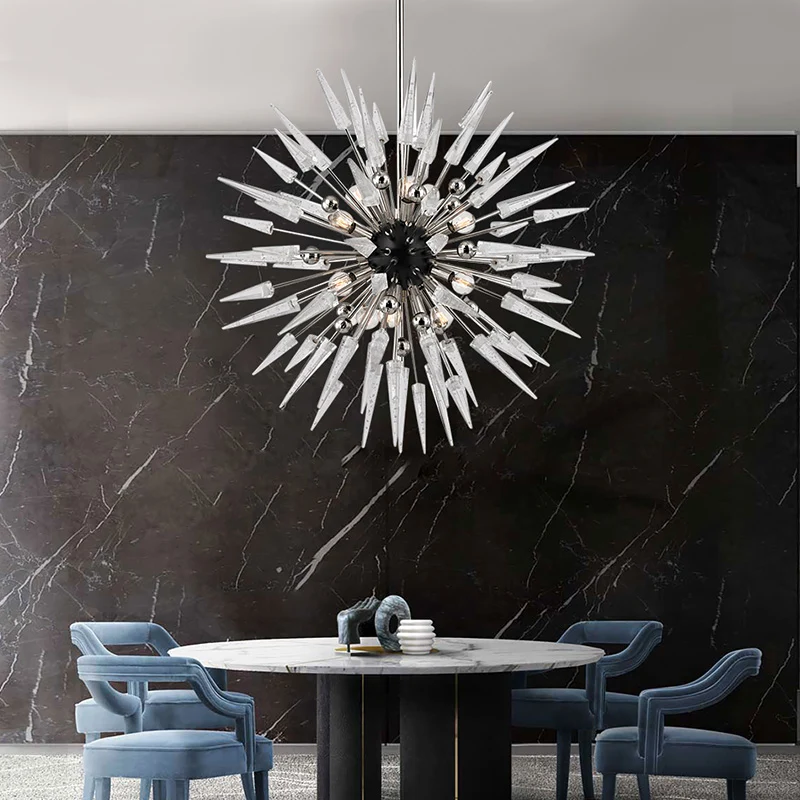 Heldere kristallen Starburst-kroonluchterverlichting Moderne 9-lichts zilveren hangende hanger voor restaurant Clearhalo