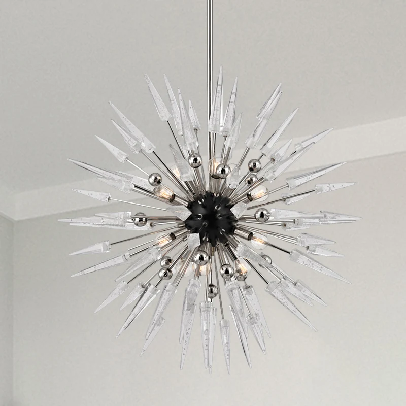 Heldere kristallen Starburst-kroonluchterverlichting Moderne 9-lichts zilveren hangende hanger voor restaurant Clearhalo