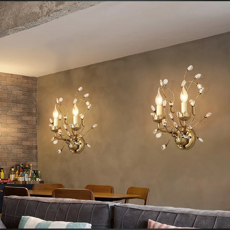 Heldere kristallen tak verzonken wandkandelaar met kaars Vintage 2-kops wandlamp antiek messing Clearhalo