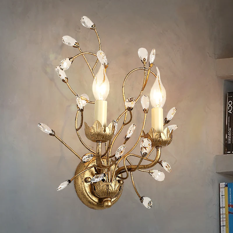 Heldere kristallen tak verzonken wandkandelaar met kaars Vintage 2-kops wandlamp antiek messing Clearhalo