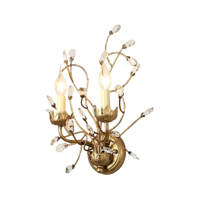 Heldere kristallen tak verzonken wandkandelaar met kaars Vintage 2-kops wandlamp antiek messing Clearhalo