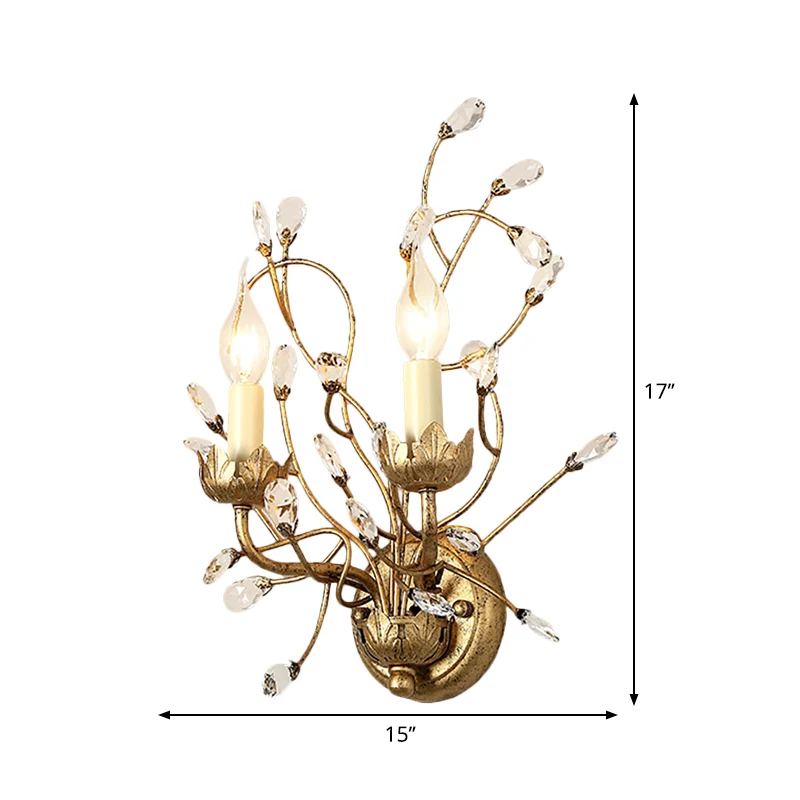 Heldere kristallen tak verzonken wandkandelaar met kaars Vintage 2-kops wandlamp antiek messing Clearhalo