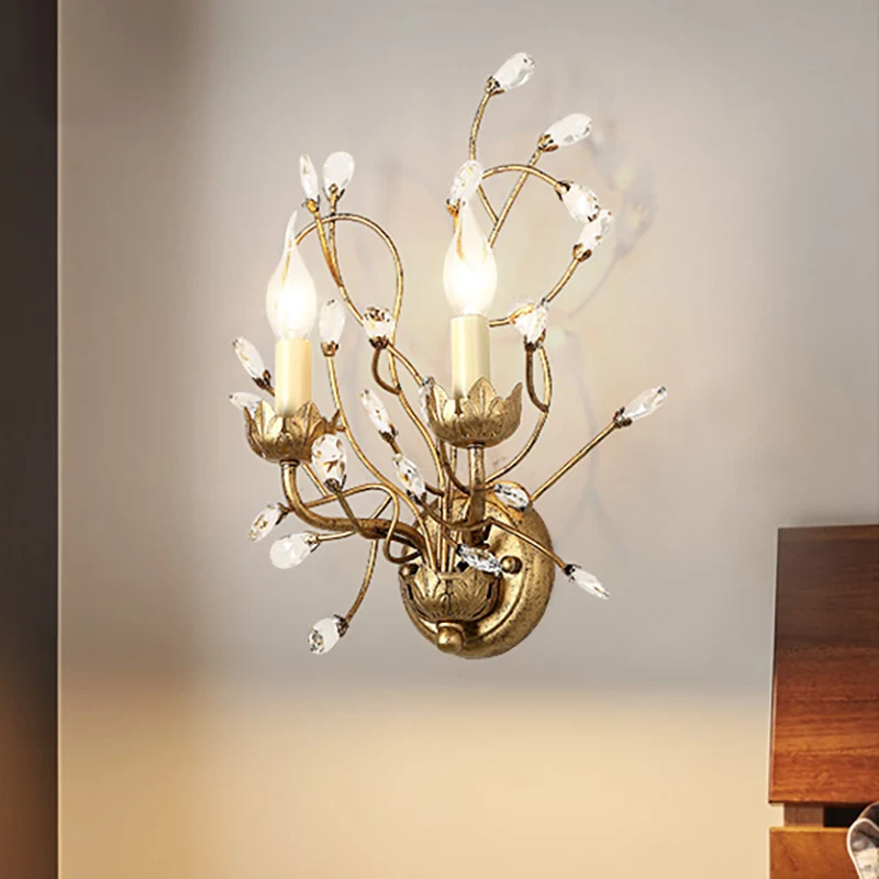 Heldere kristallen tak verzonken wandkandelaar met kaars Vintage 2-kops wandlamp antiek messing Clearhalo