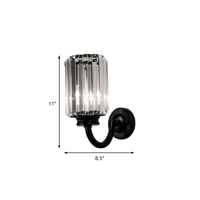 Heldere kristallen trommelwandlamp modernistisch 1-lichts schanslamp met metalen gebogen arm zwart Clearhalo