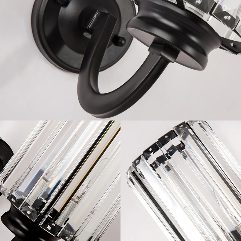 Heldere kristallen trommelwandlamp modernistisch 1-lichts schanslamp met metalen gebogen arm zwart Clearhalo