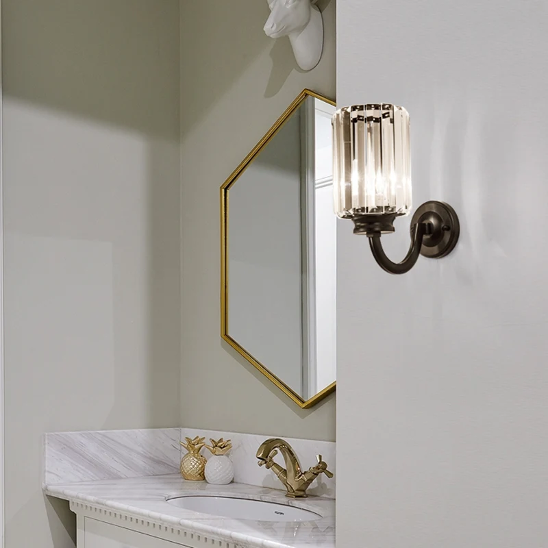 Heldere kristallen trommelwandlamp modernistisch 1-lichts schanslamp met metalen gebogen arm zwart Clearhalo
