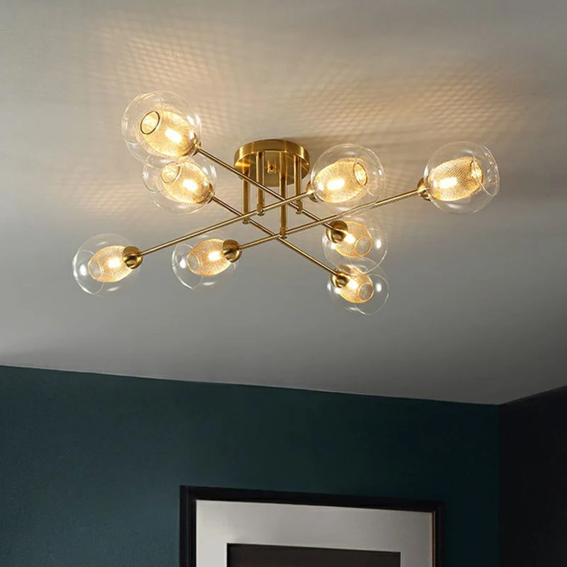 Helderglazen bolvormige plafondlamp, postmoderne gouden afwerking, semi-gemonteerde verlichting met gaasscherm aan de binn...