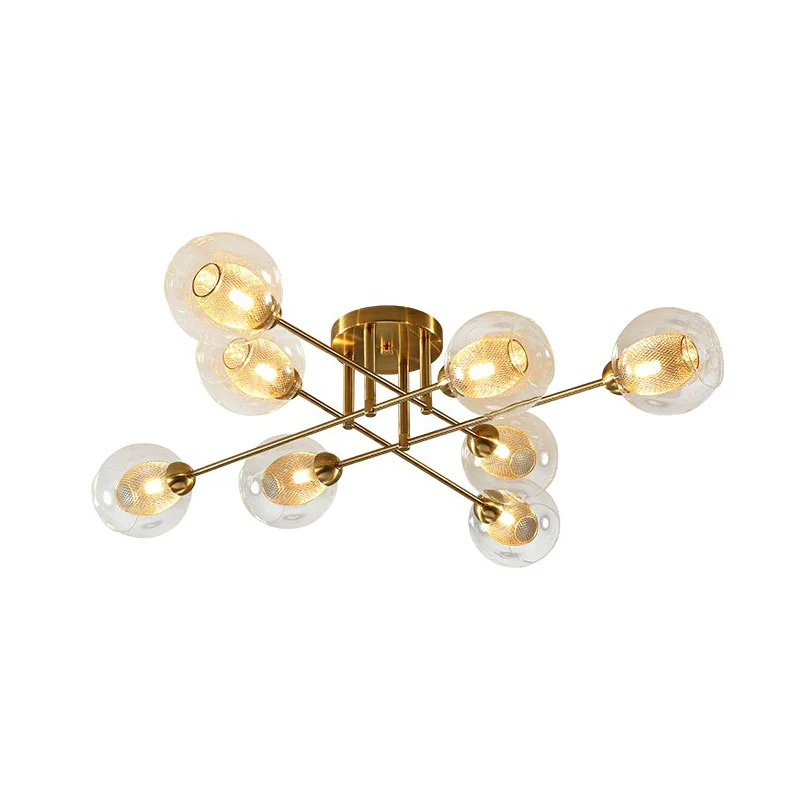 Helderglazen bolvormige plafondlamp, postmoderne gouden afwerking, semi-gemonteerde verlichting met gaasscherm aan de binn...
