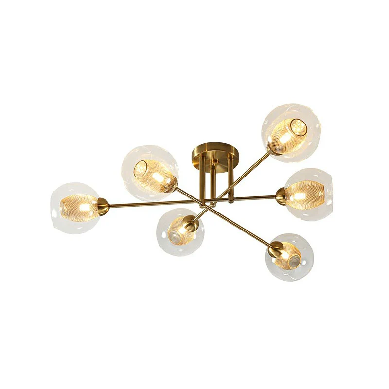 Helderglazen bolvormige plafondlamp, postmoderne gouden afwerking, semi-gemonteerde verlichting met gaasscherm aan de binn...