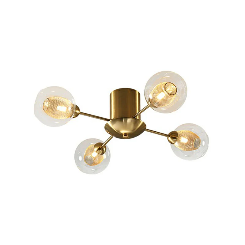 Helderglazen bolvormige plafondlamp, postmoderne gouden afwerking, semi-gemonteerde verlichting met gaasscherm aan de binn...