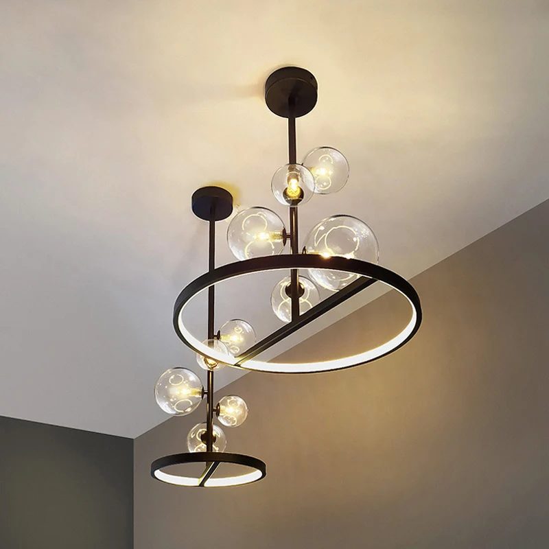 Helderglazen bubbelkroonluchter Verlichting Modernisme 5-lichts zwarte hangende hanglamp met lusbodem Clearhalo