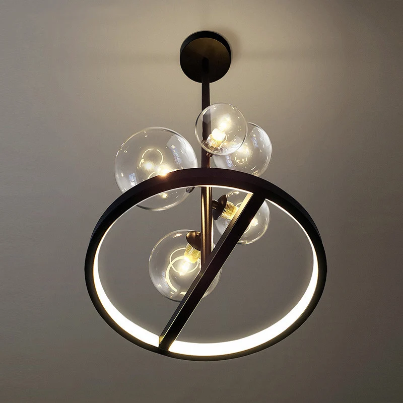 Helderglazen bubbelkroonluchter Verlichting Modernisme 5-lichts zwarte hangende hanglamp met lusbodem Clearhalo