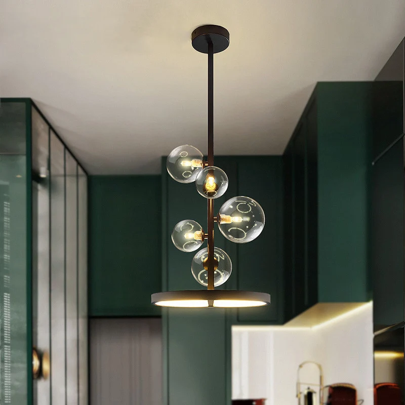 Helderglazen bubbelkroonluchter Verlichting Modernisme 5-lichts zwarte hangende hanglamp met lusbodem Clearhalo