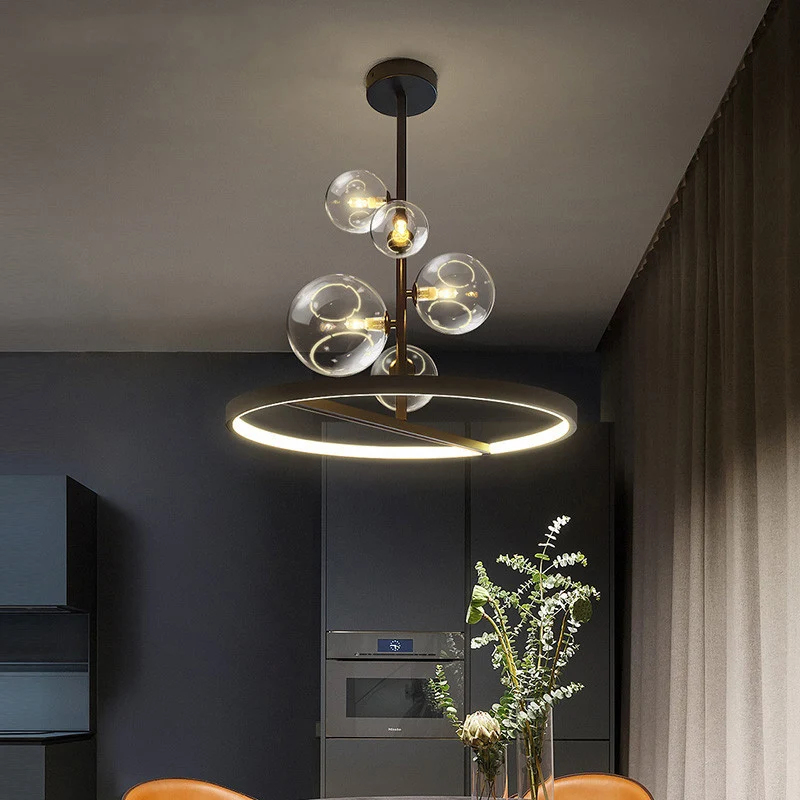 Helderglazen bubbelkroonluchter Verlichting Modernisme 5-lichts zwarte hangende hanglamp met lusbodem Clearhalo