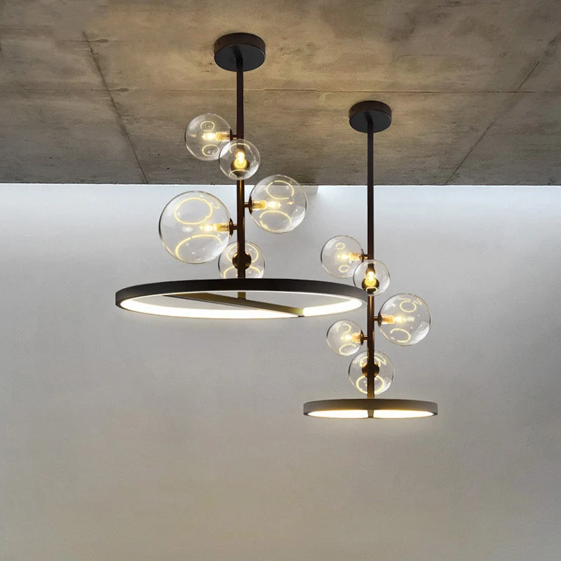 Helderglazen bubbelkroonluchter Verlichting Modernisme 5-lichts zwarte hangende hanglamp met lusbodem Clearhalo