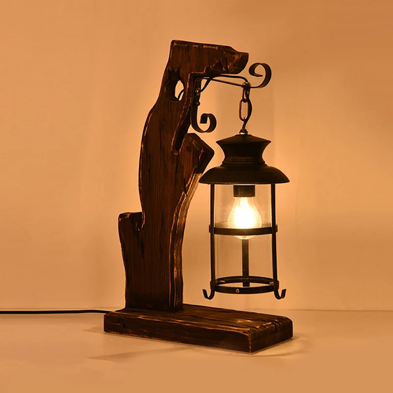 Helderglazen zwarte tafellamp Lantaarn 1-kops bureaulamp industriële stijl met houten voet Clearhalo
