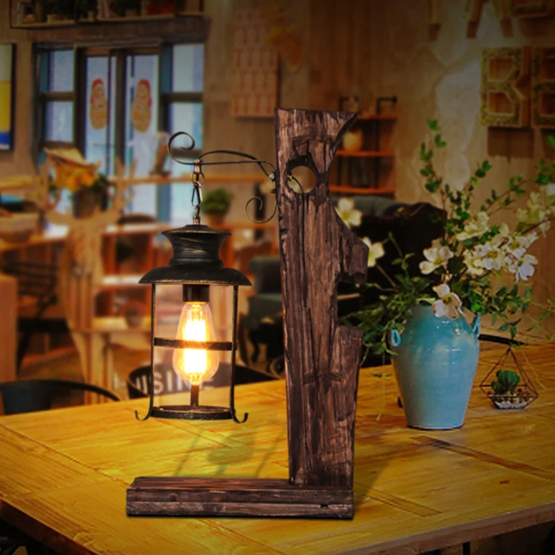 Helderglazen zwarte tafellamp Lantaarn 1-kops bureaulamp industriële stijl met houten voet Clearhalo