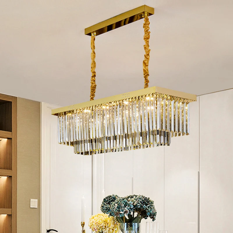 Helder/rookgrijze kristallen schaduwrijke LED-kroonluchter 31,5 inch W moderne rechthoekige hanglamp boven eiland Clearhalo