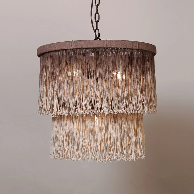 Hennep Fringe Koffie Suspension Light Gelaagde Drum 4 Lampen Retro Stijl Kroonluchter Licht Clearhalo