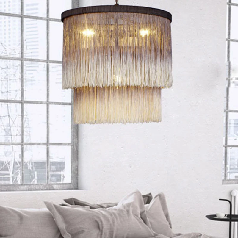 Hennep Fringe Koffie Suspension Light Gelaagde Drum 4 Lampen Retro Stijl Kroonluchter Licht Clearhalo