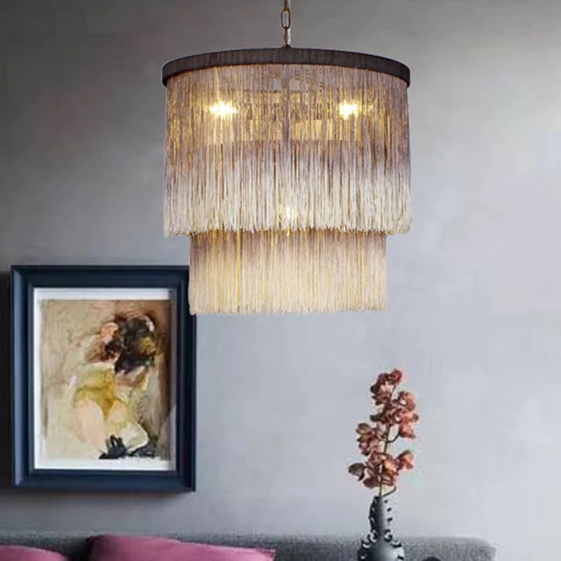 Hennep Fringe Koffie Suspension Light Gelaagde Drum 4 Lampen Retro Stijl Kroonluchter Licht Clearhalo