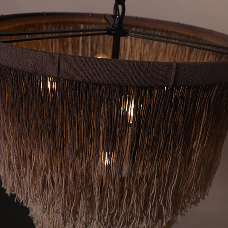 Hennep Fringe Koffie Suspension Light Gelaagde Drum 4 Lampen Retro Stijl Kroonluchter Licht Clearhalo