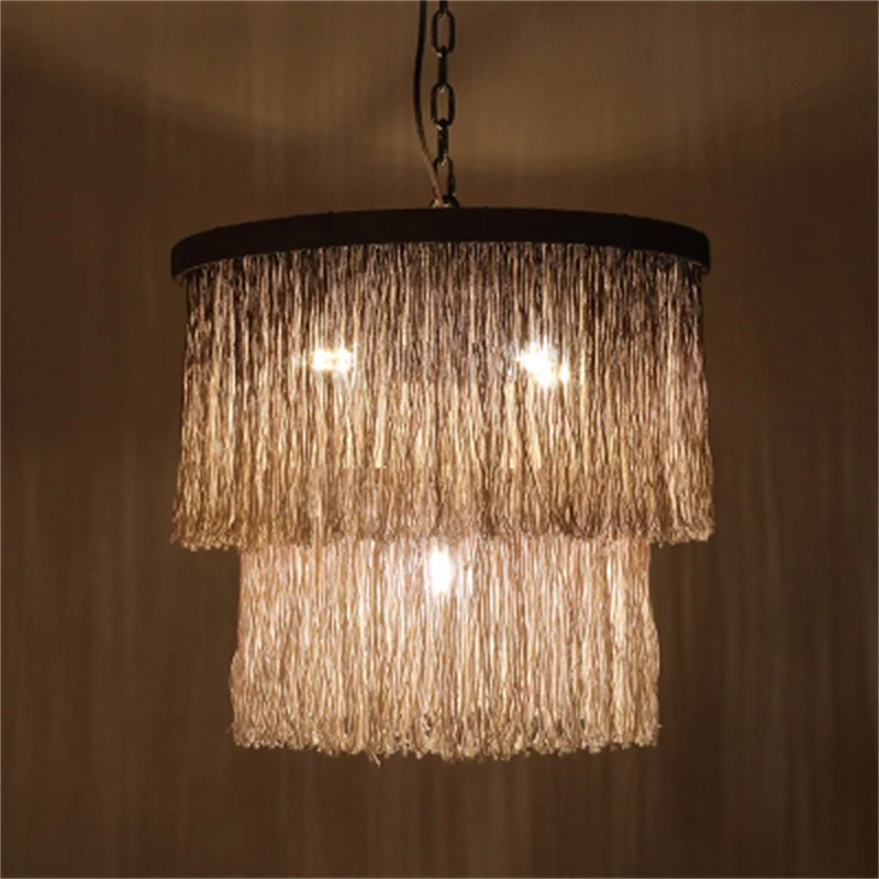 Hennep Fringe Koffie Suspension Light Gelaagde Drum 4 Lampen Retro Stijl Kroonluchter Licht Clearhalo