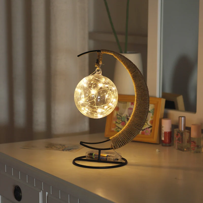 Henneptouw Maan en Bal Tafellamp Artistieke LED-nachtverlichting op batterijen zwart Clearhalo