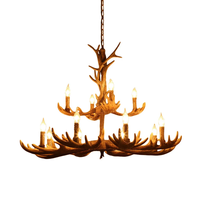 Hertengewei hars hangende kroonluchter rustiek 12 lampen woonkamer ophanging hanglamp bruin Clearhalo