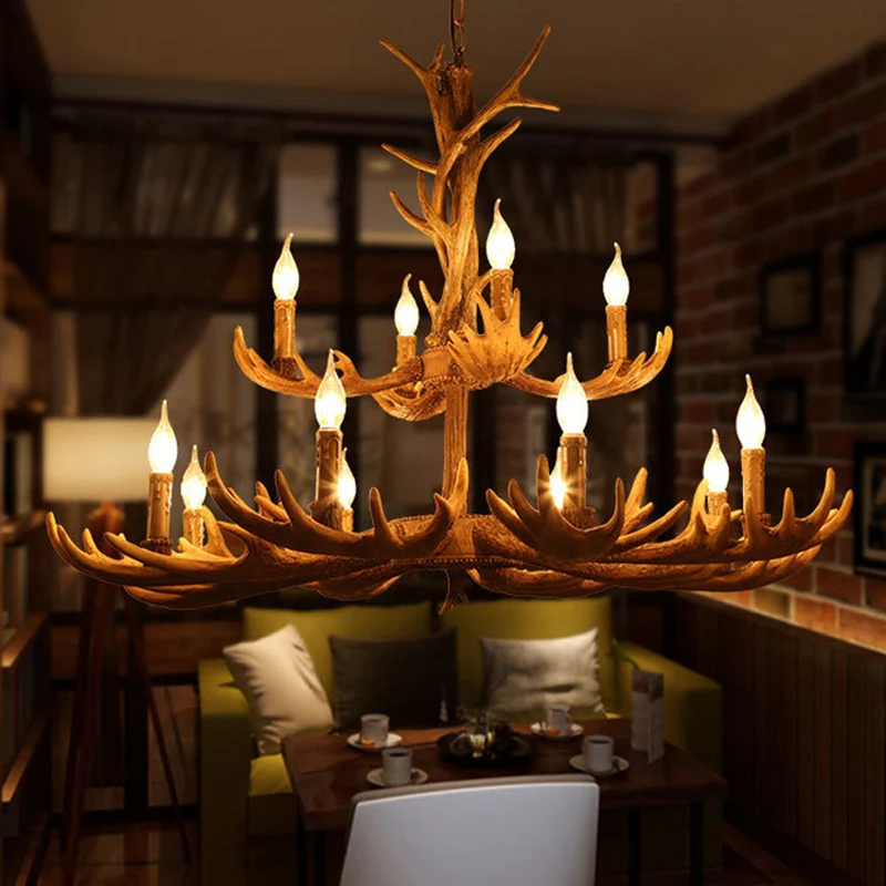 Hertengewei hars hangende kroonluchter rustiek 12 lampen woonkamer ophanging hanglamp bruin Clearhalo
