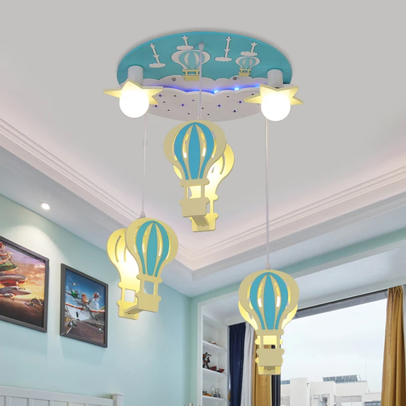 Heteluchtballon Semi Flush Cartoon Houten 5 Lampen Roze/Blauw Plafondinbouwlamp voor kinderkamer Clearhalo
