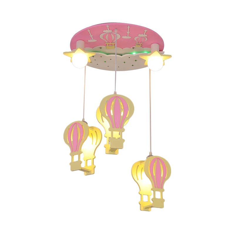 Heteluchtballon Semi Flush Cartoon Houten 5 Lampen Roze/Blauw Plafondinbouwlamp voor kinderkamer Clearhalo