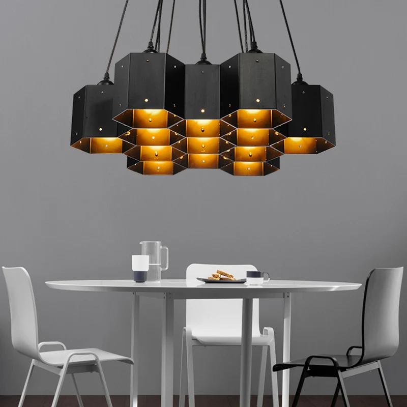 Honeycomb Island-plafondlamp Art Deco zwarte afwerking metalen hanglamp voor eetkamer Clearhalo