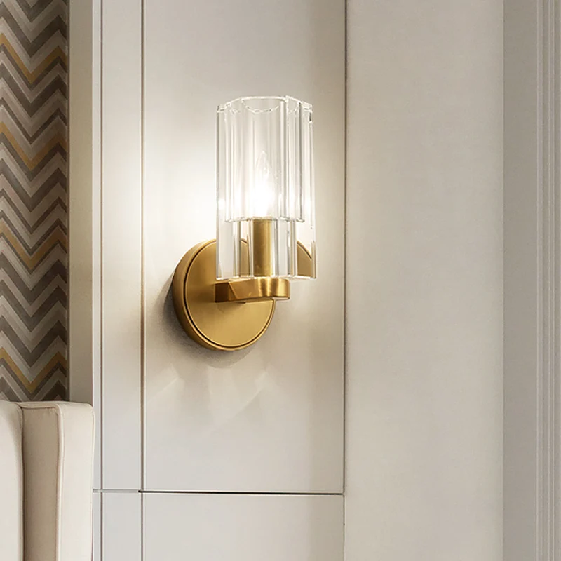 1 hoofd nachtkastje muurverlichting ideeën modernisme messing wandmontage lamp met cilindrische K9 kristallen kap Clearhalo